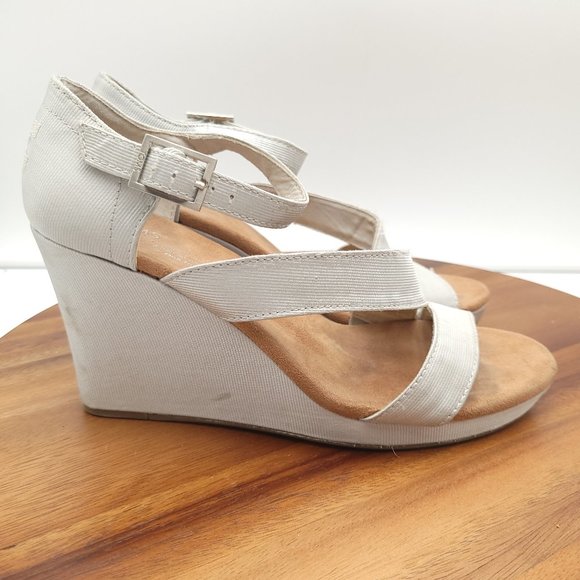 Toms Shoes - Toms Wedge Sandals Womens Size 7.5 Silver Strappy Open Toe